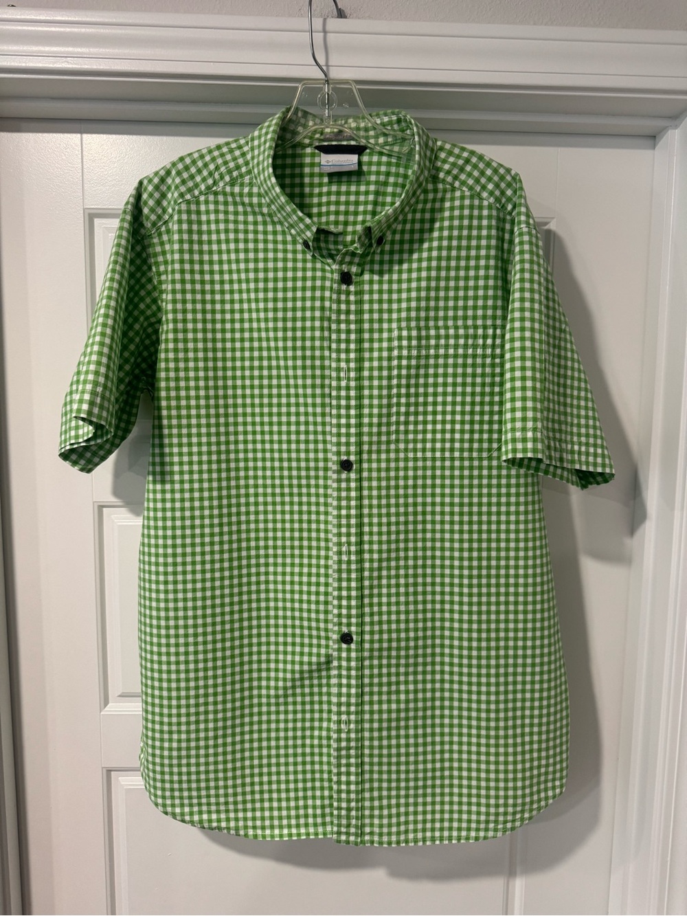 Columbia Green and White Gingham Short-Sleeve Button-Down Shirt